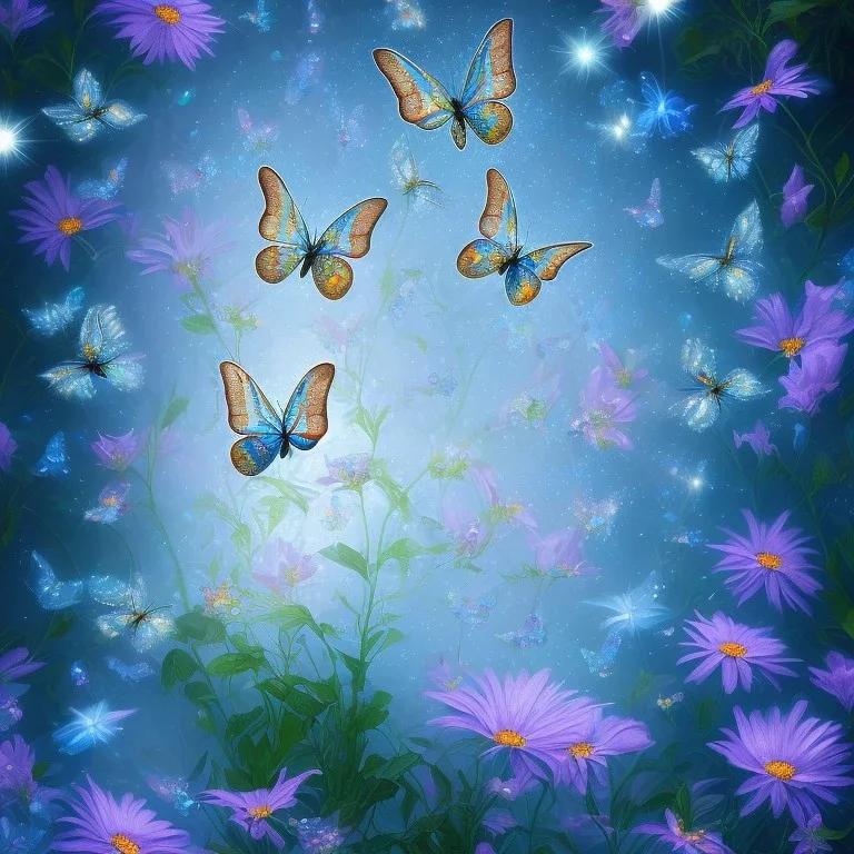 garden with subtle cristal transparent bright glitter blue butterfly, light, galactic, subtle flowers