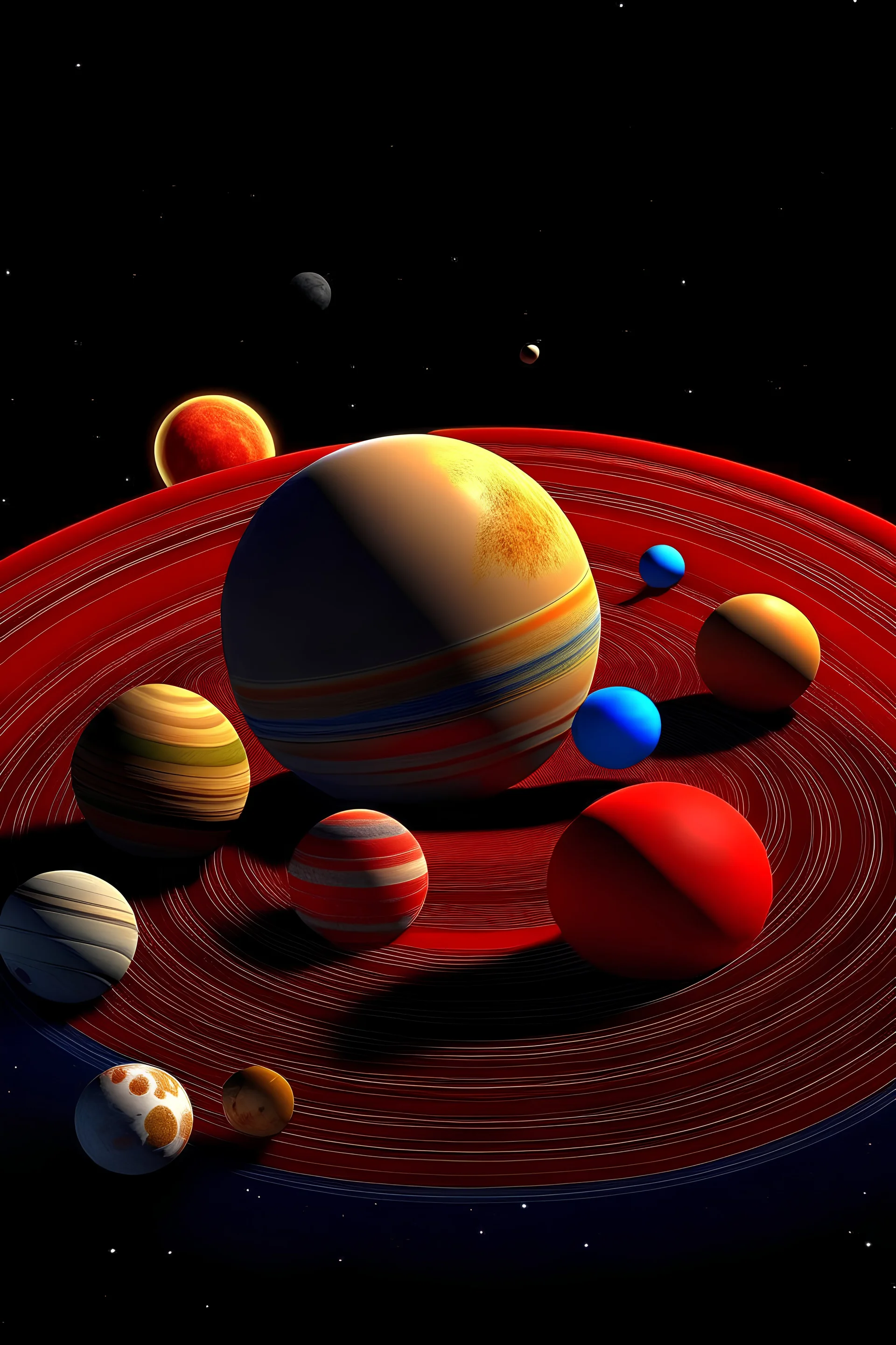 A solar system of oversized cartoonish planets all in orbit of it's red dwarf star