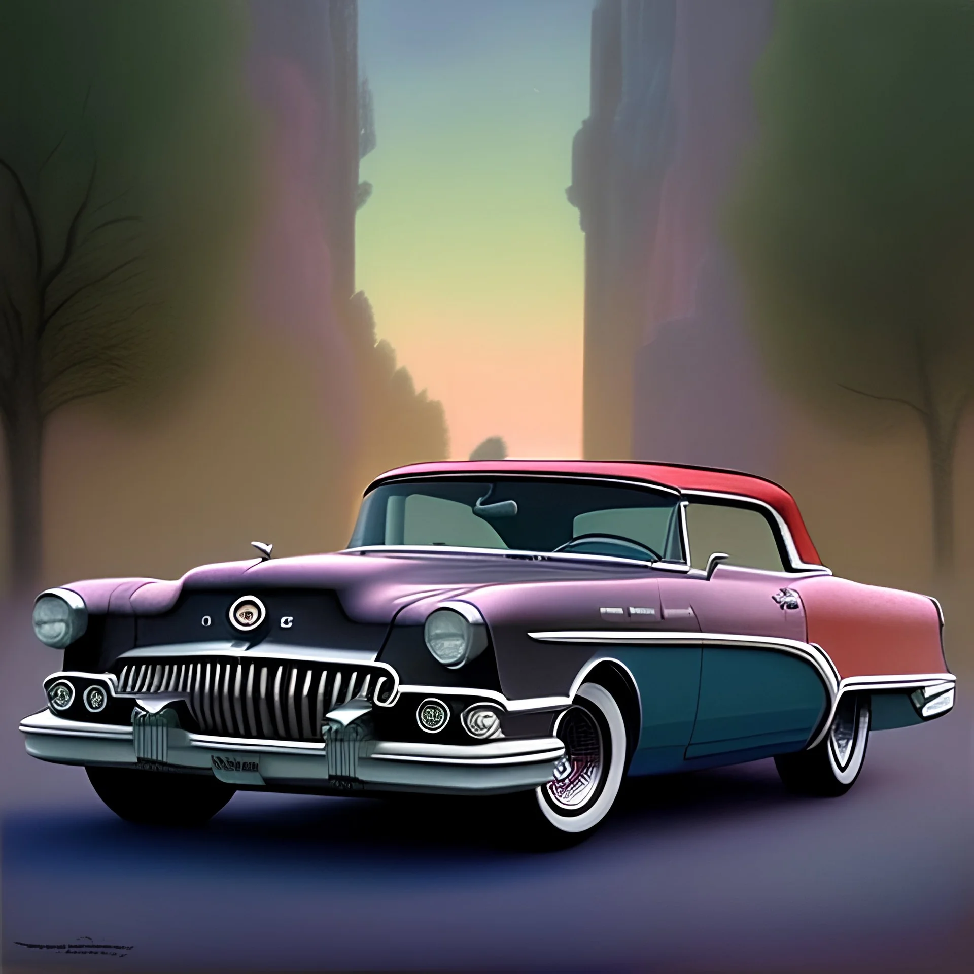 volumetric night time 1950s' city environment and background, concept study, close-up pencil sketch and color marker of 1953 buick skylark car, house of kolor candy paint, matchbox™, custom, car-toons, convertible roof down, classy black paint job, realistic shaded volumetric lighting, ambient occlusion, anime, backlight, random custom bodywork and coachbuilding by roy brizio