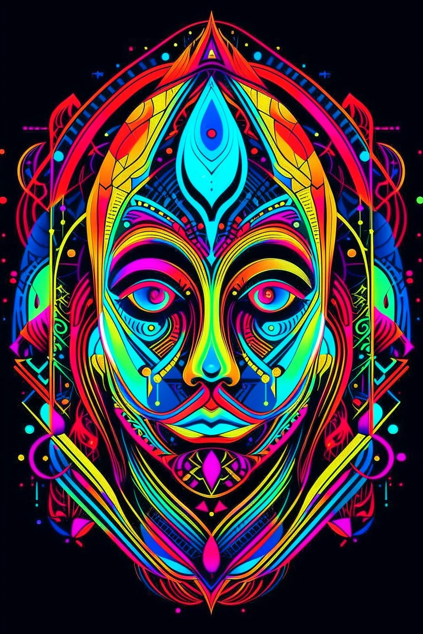 neons psychedelic women face with geometrical patterns and neon colors