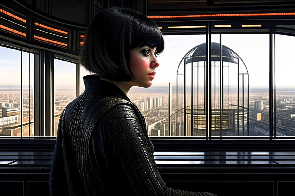 girl wearing black leather, shoulder-length bob, with fringe, in a science fiction building looking out over a large city