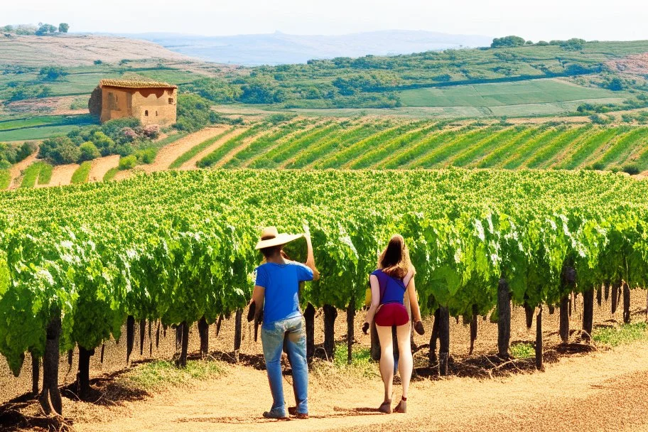 turistas en viñedo de Rioja, España. Fotografía con cámara Canon y objetivo 50 mm