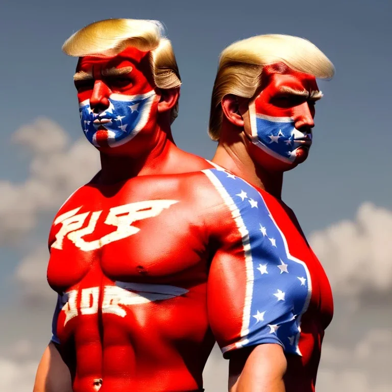 Realistic image of Donald trump wrestler, Mexican wrestling style, eyes mask, red and blue breeches, glow confederate flag dress, suspenders, retro style, 80s, vibrant color, highly detailed, sky background, concept art, unreal engine 5, god rays, ray tracing, RTX, lumen lighting, ultra detail, volumetric lighting, 3d, finely drawn, high definition, high resolution.