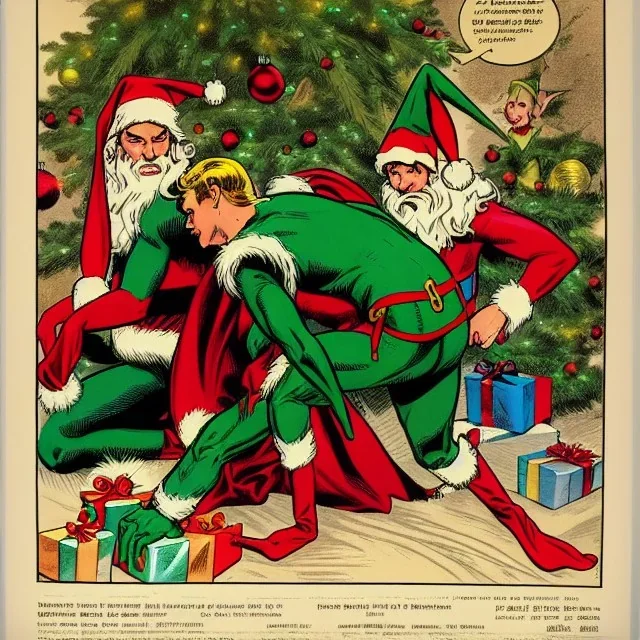 two elves. woman and man. Christmas scene. poster. marvel comic. low-key