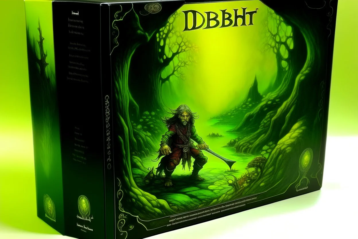 hobbit, dnd cover, 1970, dark fantasy, holographic videogame box.