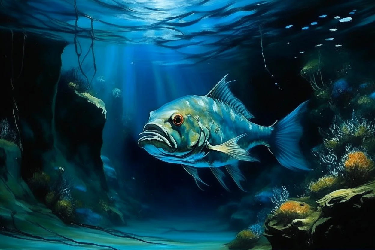A blue underwater abyss with angler fish painted by Édouard Manet