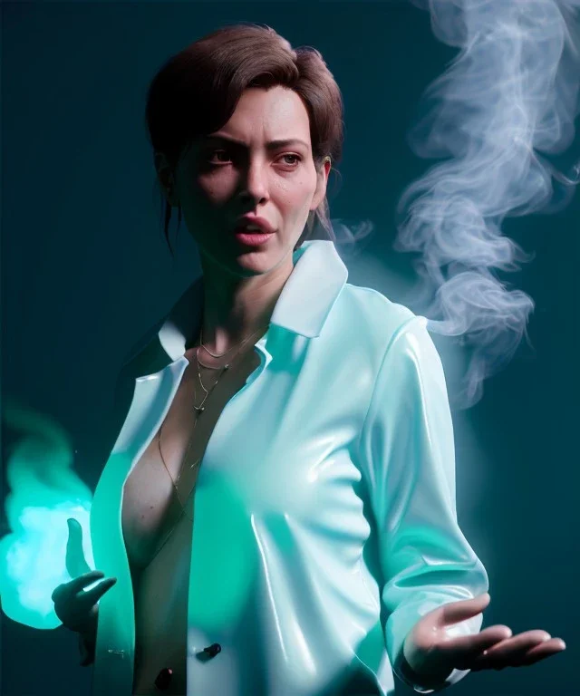 Ultra Realistic image, photo studio, medium shot view, a woman making the fuck off gesture with his hand, blue smoke coming out of his nose and mouth, happy. Latex inflatable coat, soft color, highly detailed, unreal engine 5, ray tracing, RTX, lumen lighting, ultra detail, volumetric lighting, finely drawn, high definition, high resolution.