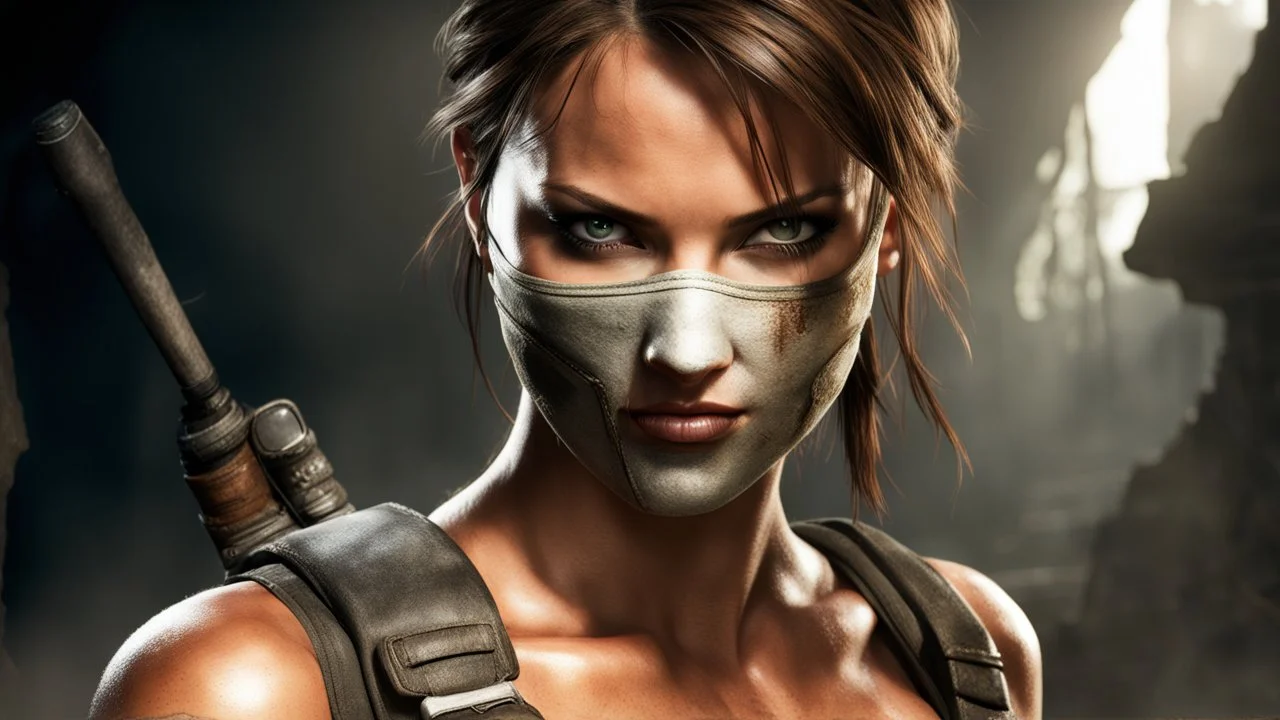 attractive lara croft from tomb raider with a half face masked