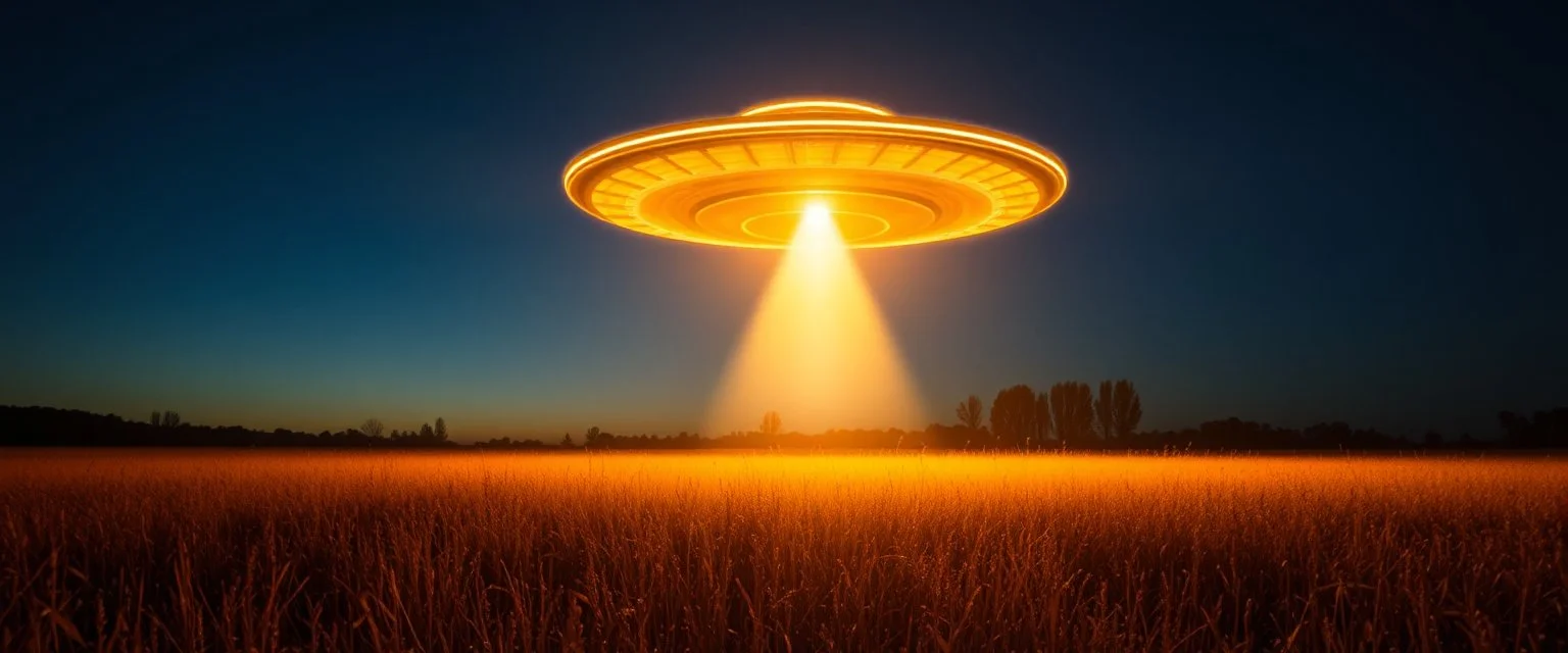 flying saucer ufo in autumn evening field shooting a cone of light upwards to the sky down to another saucer
