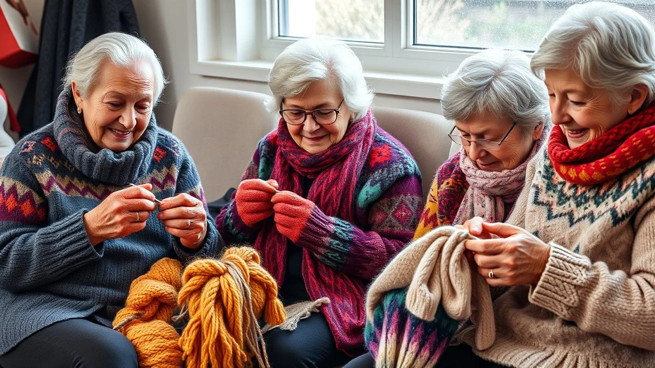 Elderly pensioners knitting colorful jumpers, gloves, scarves, and socks from wool. Everyone is happy. Photographic quality and detail, award-winning image, beautiful composition.