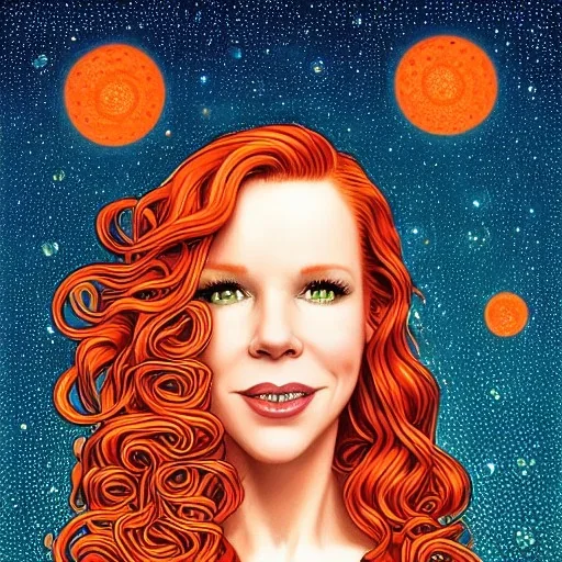 Robyn Lively, her striking perfectly detailed clear eyes, her perfect, precisely detailed lightly freckled face, meticulously detailed long curly multi-hued ginger carrot-colored cherry red fiery hair, luminous colorful sparkles; by james r. eads, gawki, rajewel, tania rivilis, dan mumford, lisa frank, artgerm, greg rutkowski, alphonse mucha and william-adolphe bouguereau; glitter, airbrush, octane render, volumetric lighting, photorealistic digital painting, smooth, sharp focus