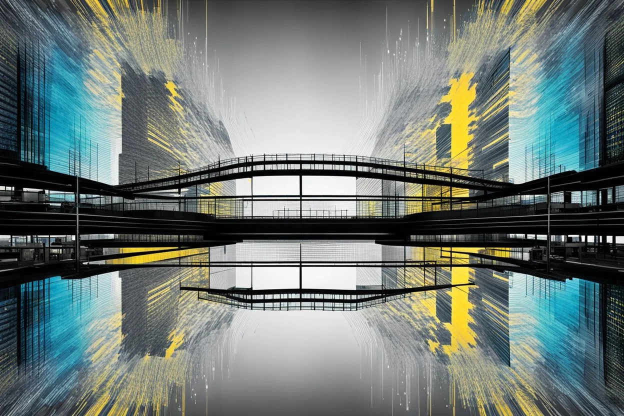 Double exposure transparent glich picture silhouette of a building, bridges, white noise, distorted, abstract patterns, glitch art with distorted shapes, optical illusion, gray-yellow and blue gradient effect, rhythmic noise particles. Grain scored texture. Black background.