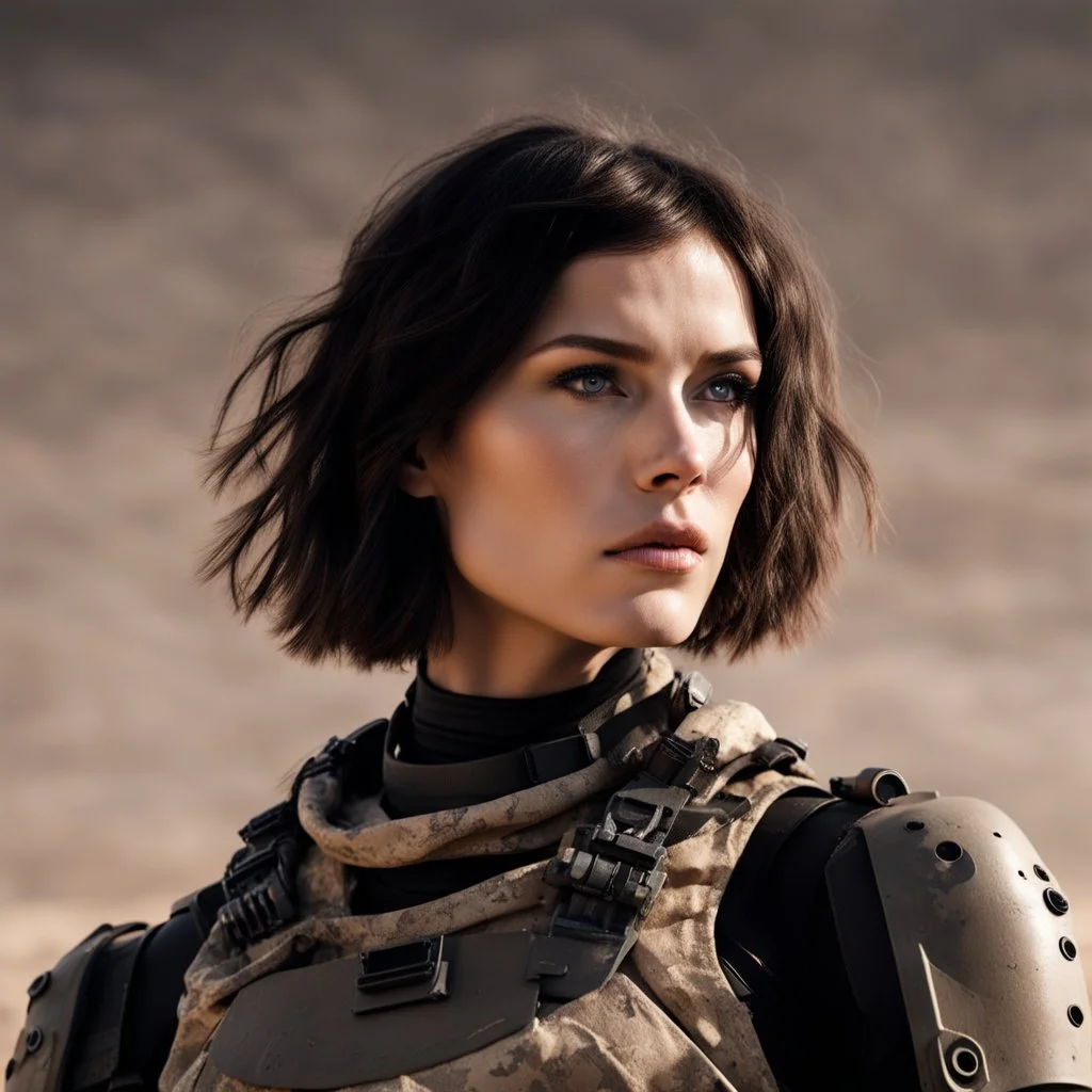 beautiful sexy caucasian female soldier, black metal body and limbs, visible cybernetic limbs, scratched sand camo, no armor, short brunette wavy bob haircut, dystopian, desert scene