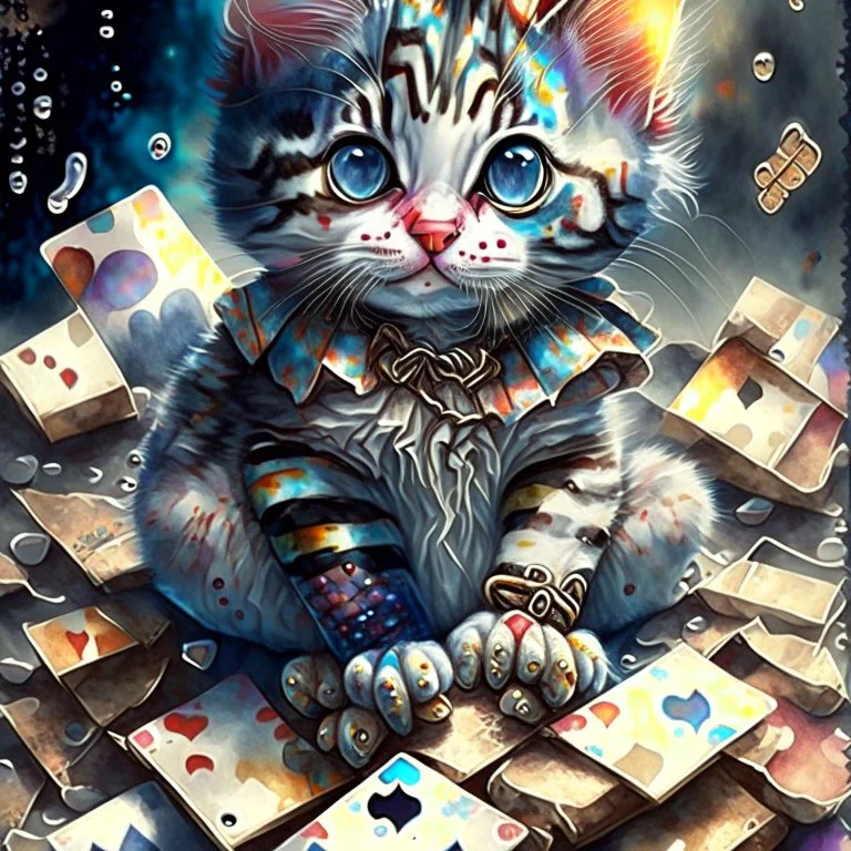 Adorable Cute little Harlequin cat patchwork art by cameron gray epic poster, Hyper realistic cat clown. sits on a pile of fish bones watercolor painting, Jean-Baptiste Monge style, bright, beautiful in spring, splash, big perfect eyes, rim lighting, lights, magic, fantasy, digital art, wlop, artgerm and james jean Modifiers: 8k cinematic lighting photorealistic 4K 3D crisp quality hdr Ultra realistic Gian Lorenzo Bernini Geometric and cubist