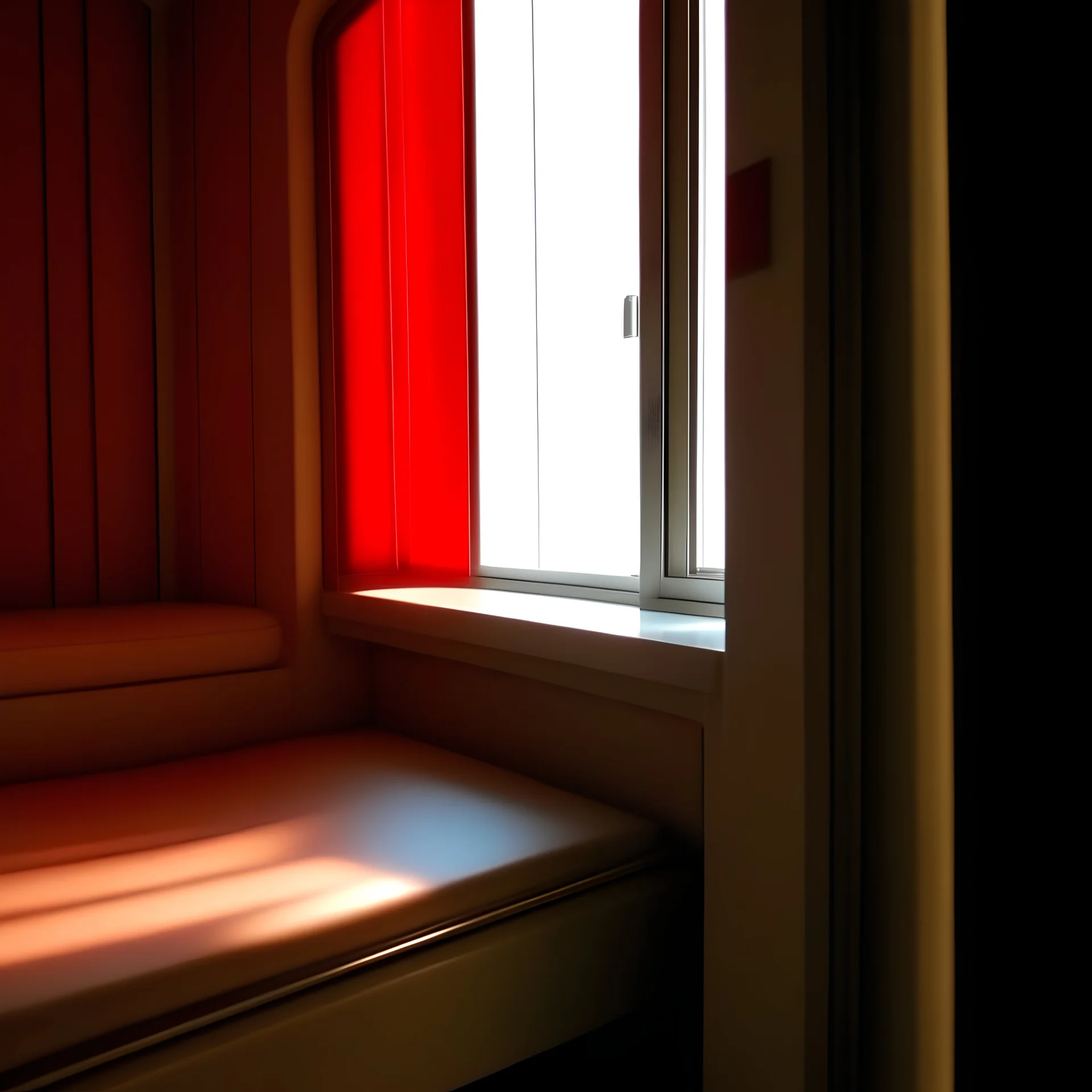 Spaceship, bed, liminal, red light, à cat