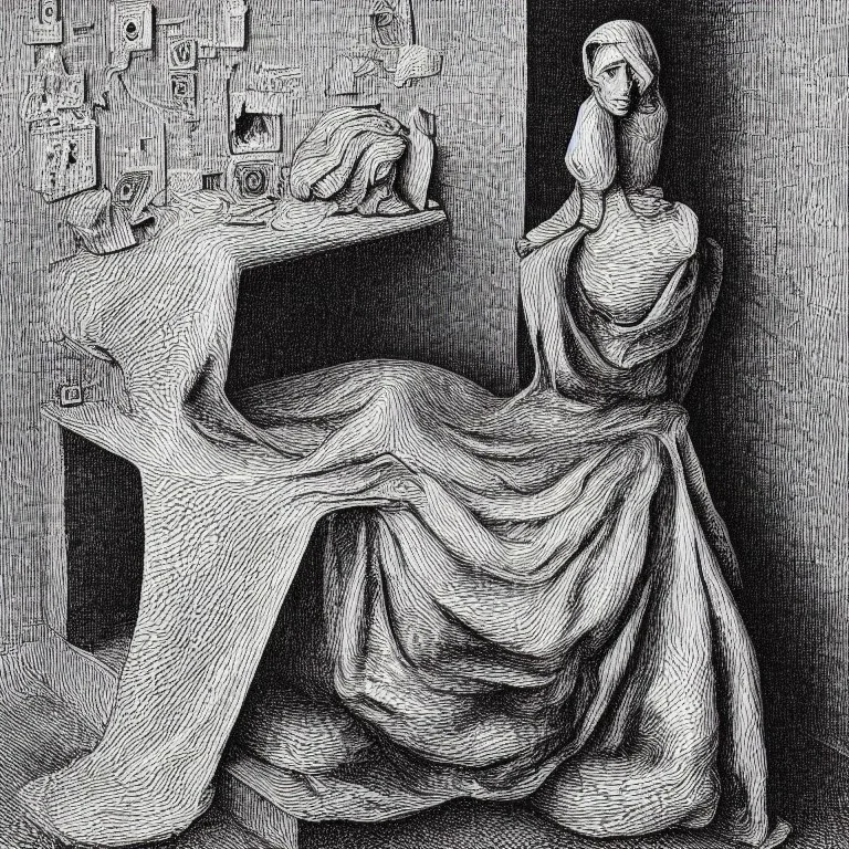 portrait of a helpless woman by Escher