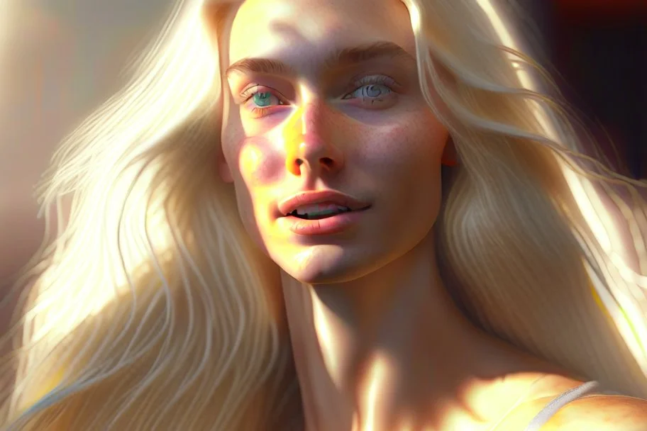 A Hyper-Realistic ,A Blonde Woman ,Full Size Beautiful Natural look ,Long Legs , Bathed In Cinematic Light, Realistic Elements, Captured In Infinite Ultra-High-Definition Image Quality And Rendering, Hyperrealism, 8k Resolution, Rendered In Cinema4D