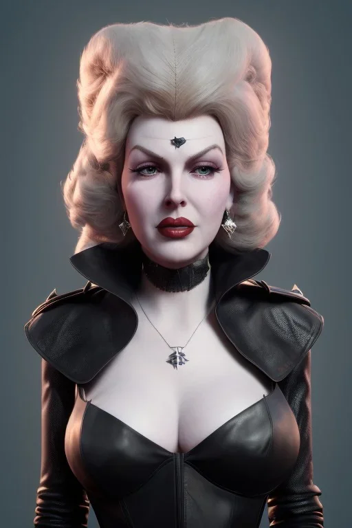 Lana Turner as evil queen in black leather, leather, busty, cleavage, angry, stern look. character design by cory loftis, fenghua zhong, ryohei hase, ismail inceoglu and ruan jia. unreal engine 5, artistic lighting, highly detailed, photorealistic, fantasy