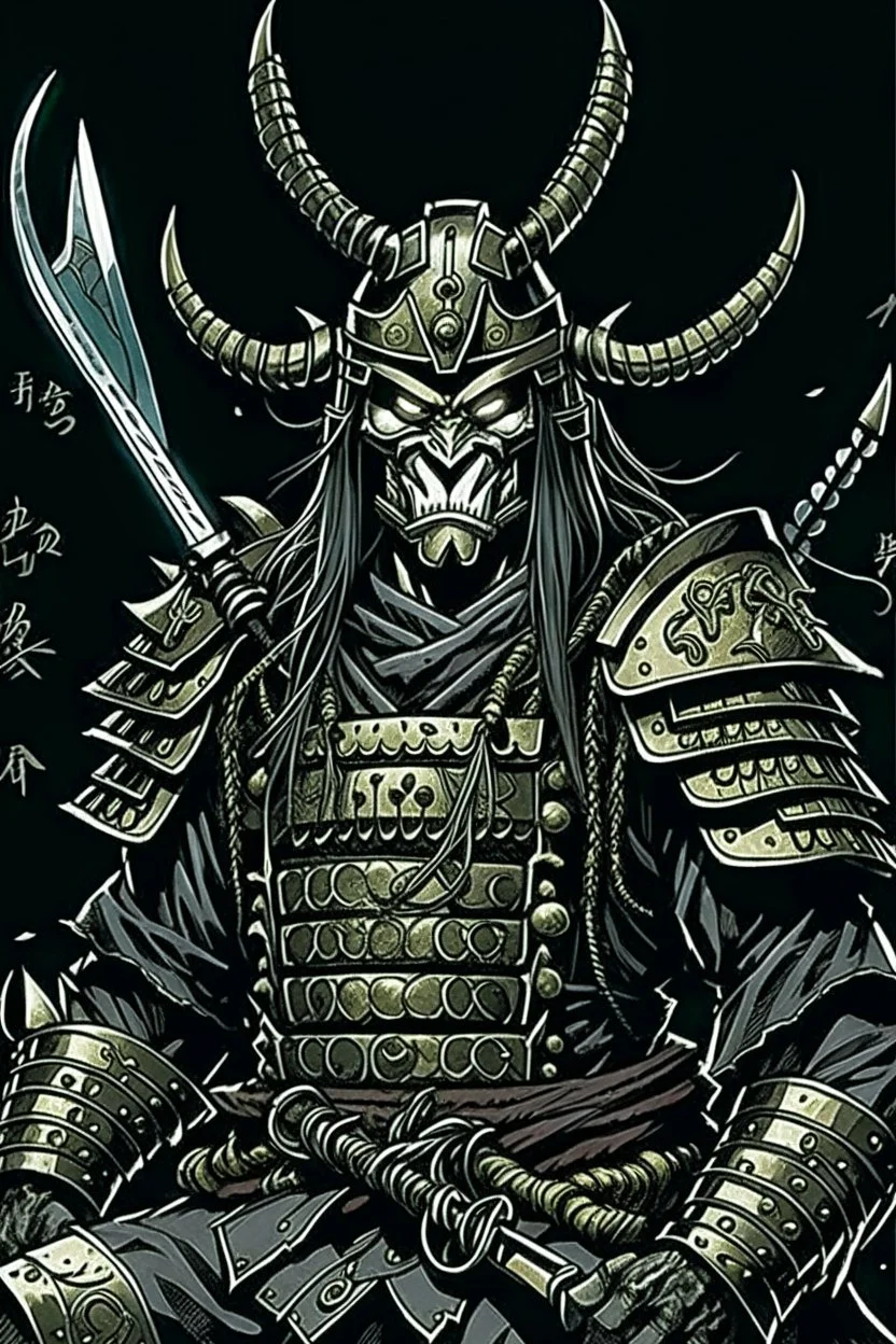 Armoured Samurai with oni mask ,manga, from 1980 dark fantasy, style by Kentaro Miura
