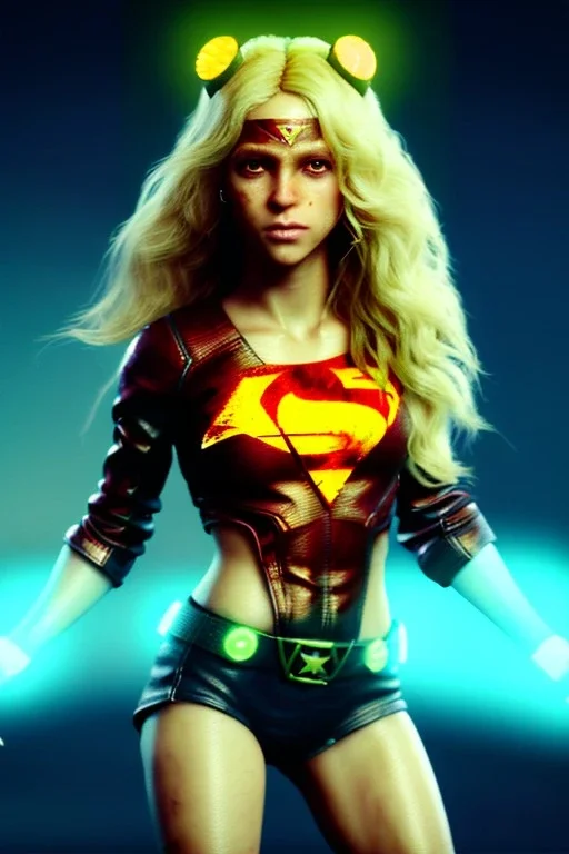 portrait, Shakira, blonde, angry, Realistic image, superhero, watchmen style, make-up, gold make-up, sweat, fog, goddess style, Neon colors, leds. Black background, photo studio, concept art, smooth, unreal engine 5, god lights, ray tracing, RTX, lumen lighting, ultra detail, volumetric lighting, 3d, finely drawn, high definition, 4k.