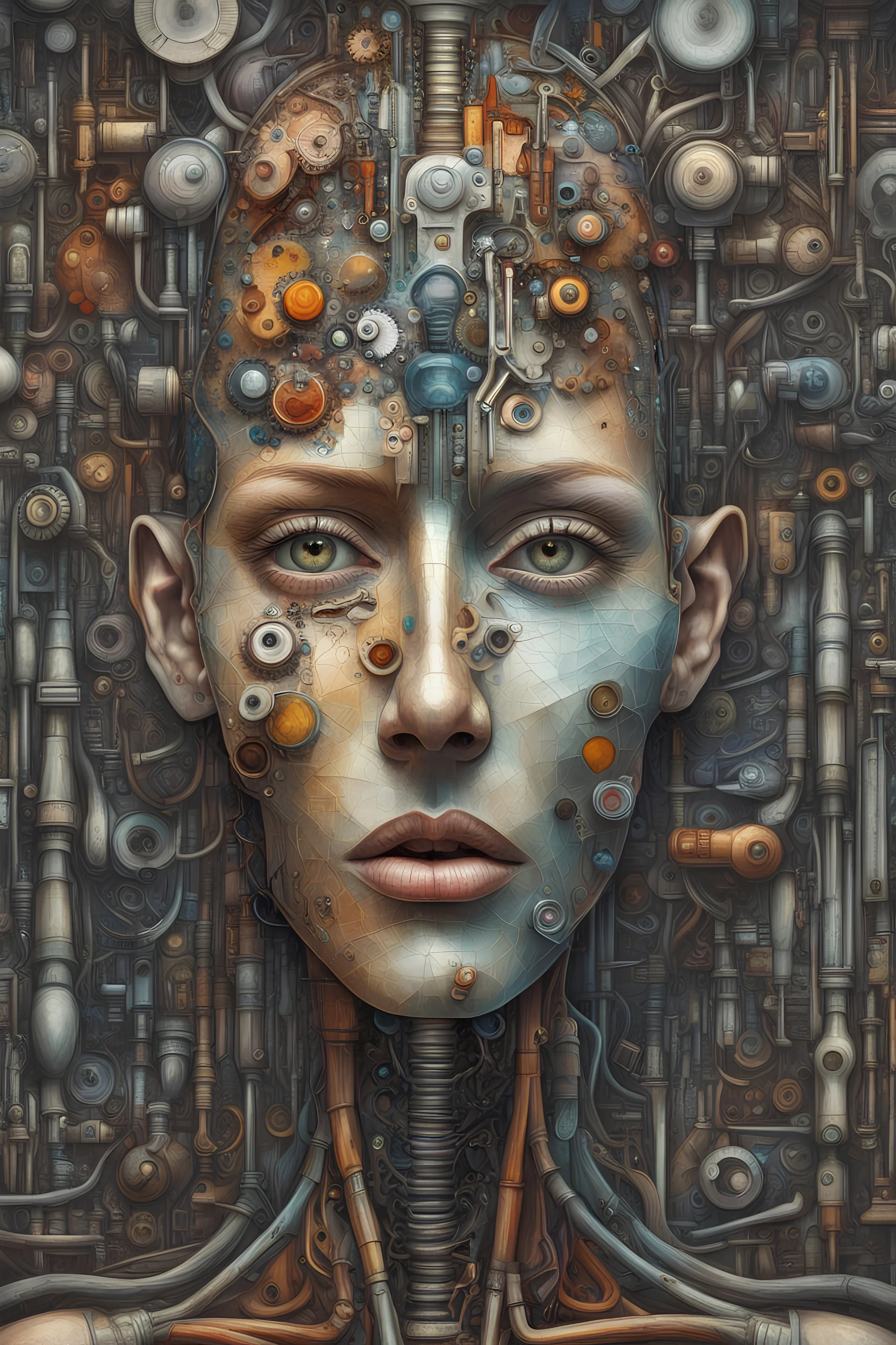 Picasso and Peter Gric style realistic illustration of a front complex bio mechanical woman colored face mixed to supplies colored pieces (detailed eyes, nose, mouth , neck), made of various colored recycled metal objects all around and inside head, anatomical body view, visible brain and skeleton, HDR, UHD, all in focus, clean face, no grain, concept art