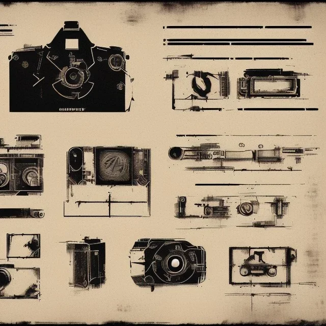 components of the camera laid out flat. poster graphics. high detailed. ink and acrylic.