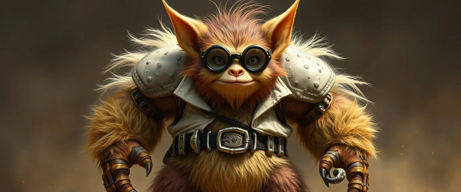 dandy fluffy bugbear scientist gremlin with huge stiff power pants exoskeleton