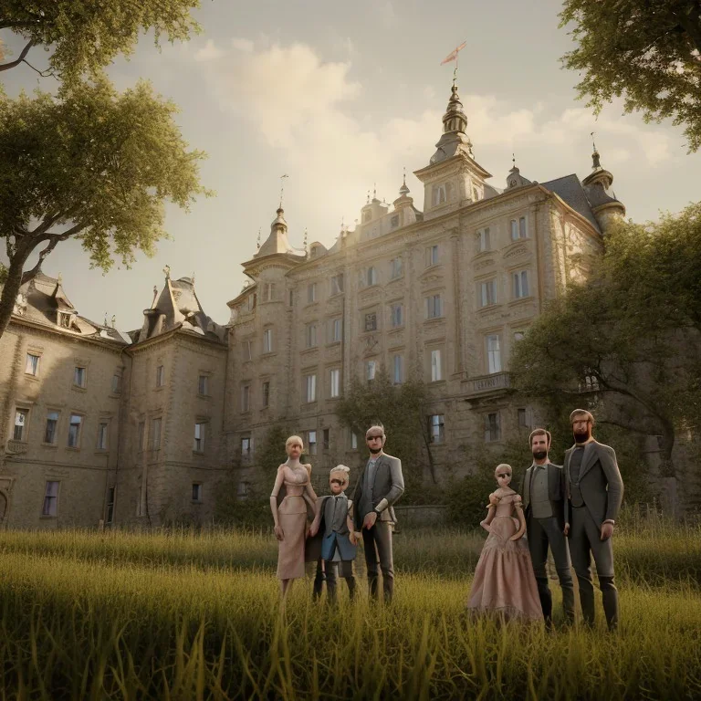 Aristocrat family posing for a picture in front of an Austrian castle, 8k, HD, cinematography, photorealistic, Cinematic, Color Grading, Ultra-Wide Angle, Depth of Field, hyper-detailed, beautifully color-coded, insane details, intricate details, beautifully color graded, Cinematic, Color Grading, Editorial Photography, Depth of Field, DOF, Tilt Blur, White Balance, 32k, Super-Resolution, Megapixel, ProPhoto RGB, VR, Halfrear Lighting, Backlight, Natural Lighting, Incandes