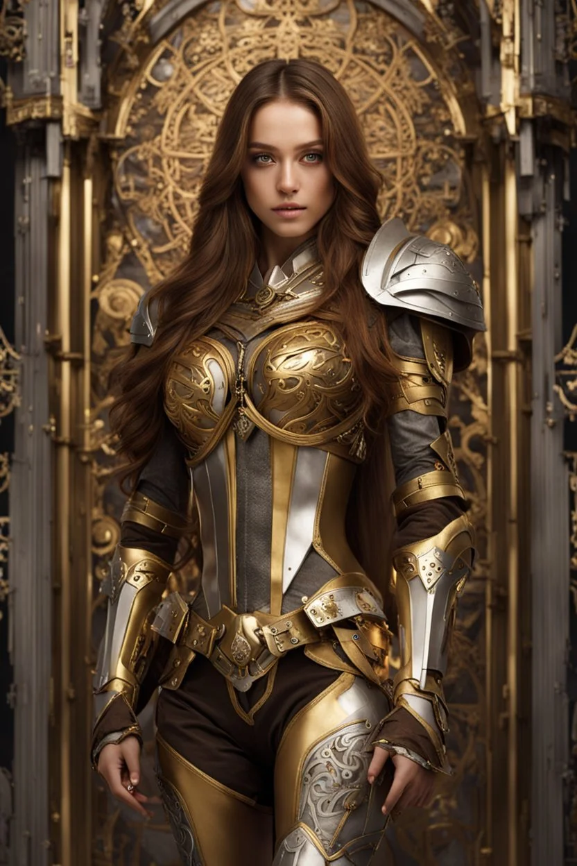 Photography,very beautiful girl,full body,looking front view,brown long hair, mechanical,delicate gold,silver metalic parts, golden parts, intricate armor, detailed part,Movie Still