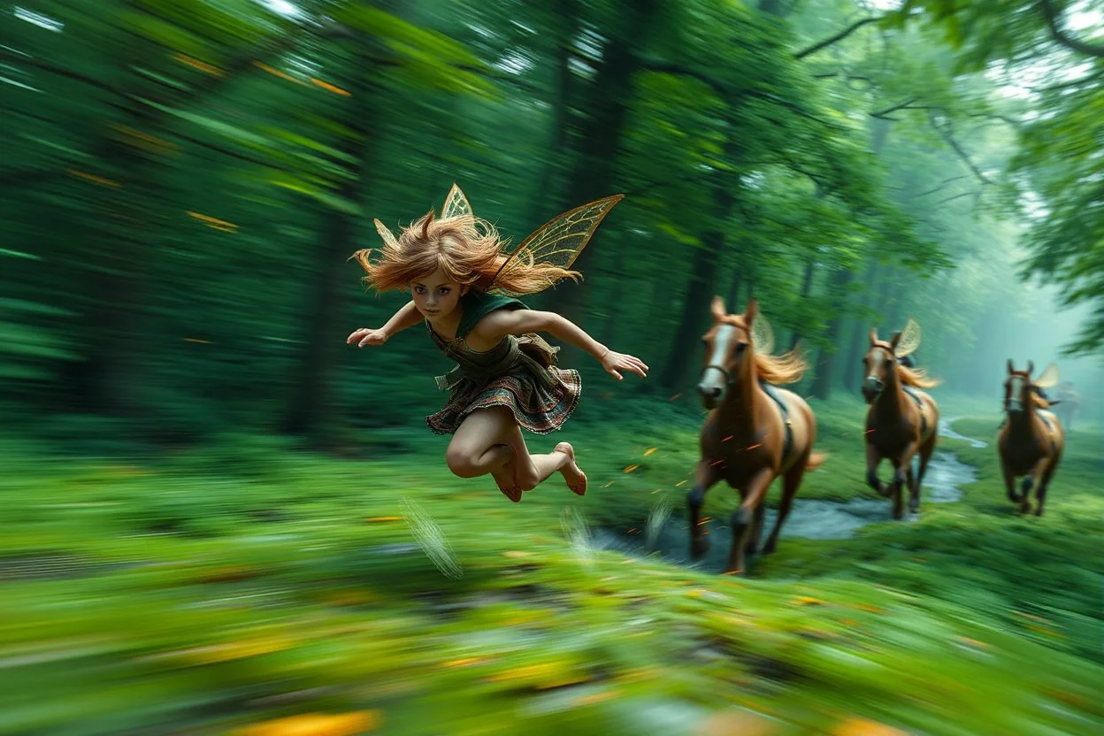 motion blur fast running caped long haired pixie Quickling - Forgotten Realms dodging fire above water and along winding branches in lush green forest along speeding horses , bokeh like f/0.8, tilt-shift lens 8k, high detail, smooth render, down-light, unreal engine, prize winning