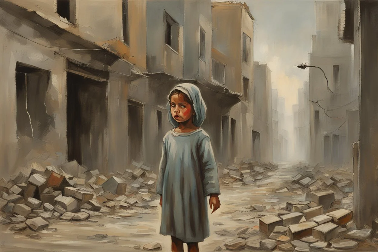 Grey sky, crying little palestinian girl wearing kuffeah , rocks, destroyed buildings , 80's sci-fi movies influence, friedrich eckenfelder and willem maris impressionism paintings