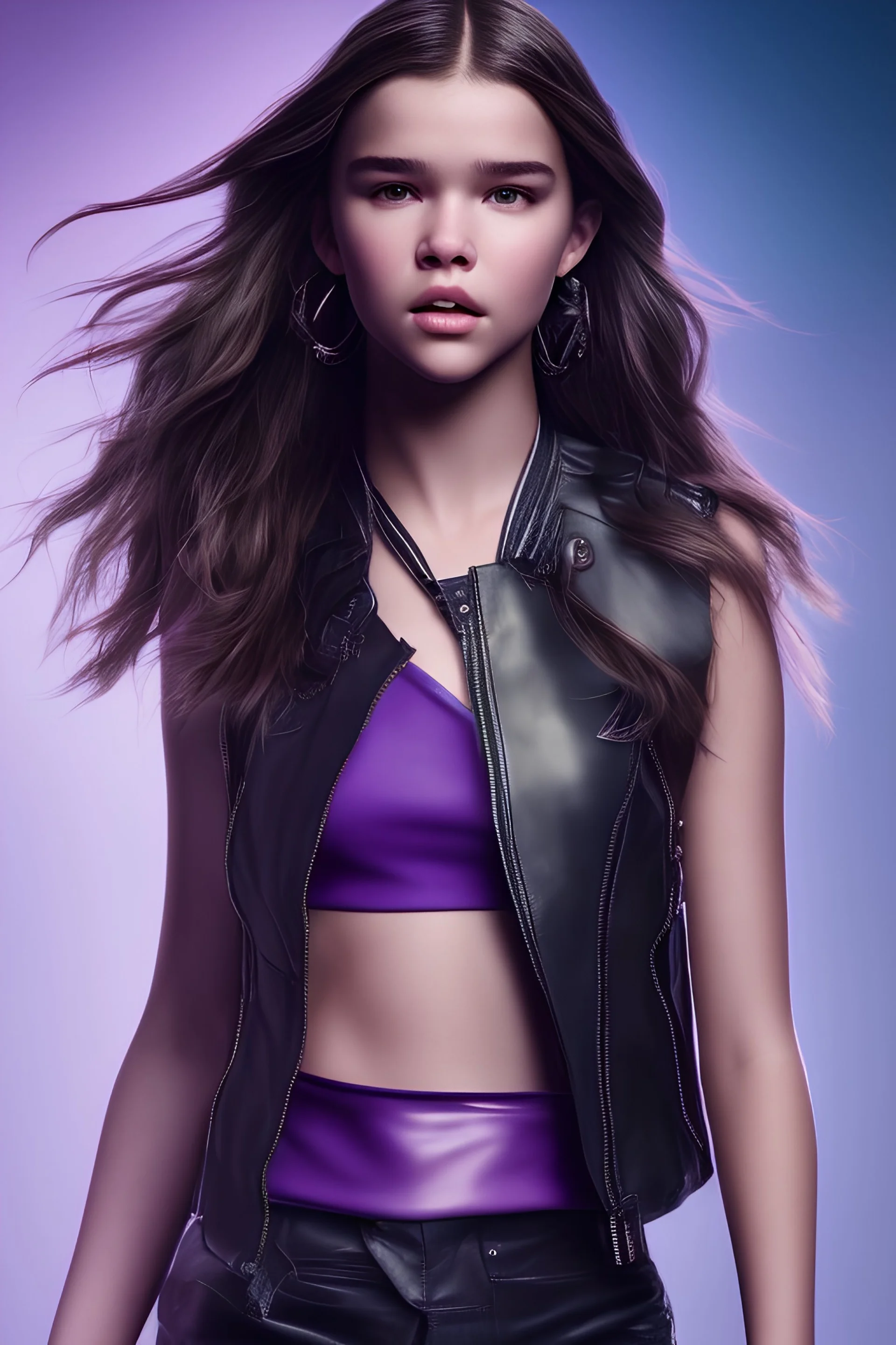 4K Ultra-HD -- Hailee Steinfeld wearing a black leather jacket and a purple halter top --4k Ultra-HD--Hyper realistic--Cinema lighting