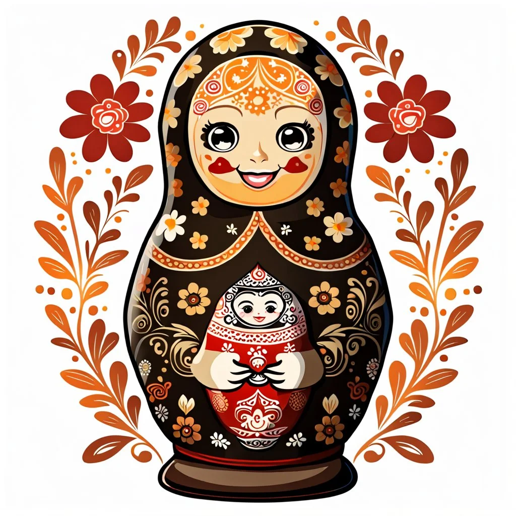 draw matryoshka dolls, the matryoshka is smiling, the kind sweet face of the matryoshka doll, behind the matryoshka Russian patterns in the style of Khokhloma