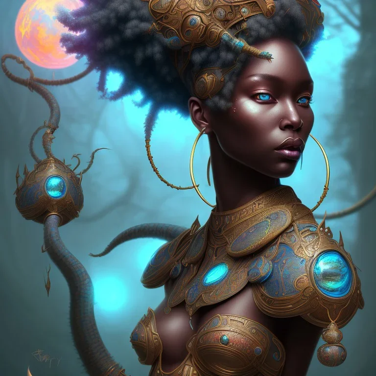 sango fantasy, fantasy magic, intricate, sharp focus, illustration, highly detailed, digital painting, concept art, matte, masterpiece head sexy view black African beauty black afro hair space lady turquoise carp skin African space landslide