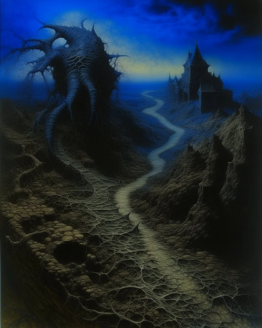 A dark blue demonic realm with jagged shapes painted by John Atkinson Grimshaw