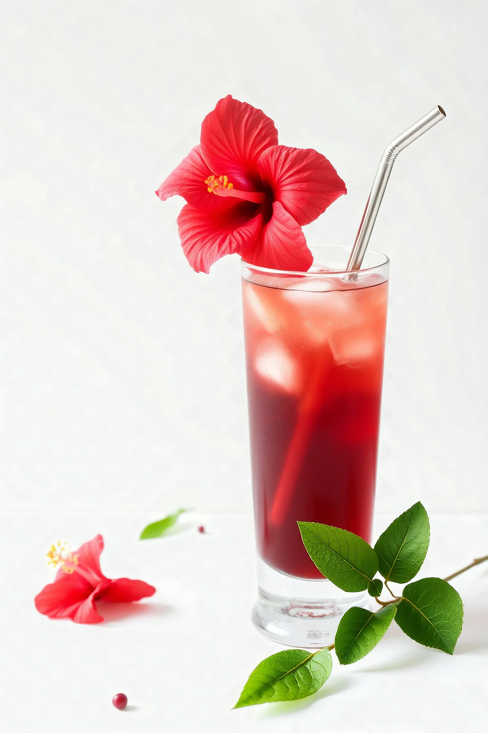 Hibiscus iced tea in a long glass with a metal straw and empty white background