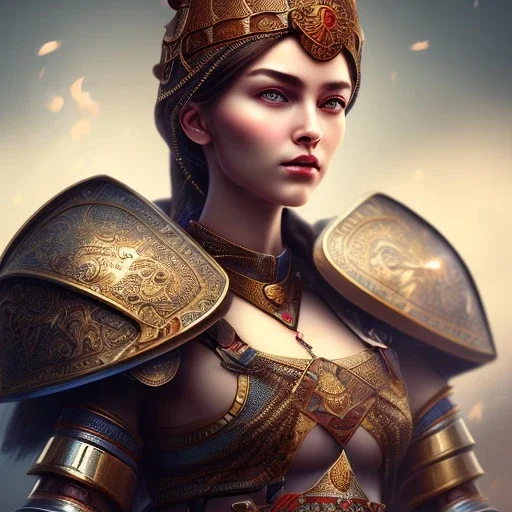 portrait of a warrior with ottoman beautiful girl themed armour, extremely detailed, UHD, 8k,The close-up camera effect,sharp focus, perfect position,hyperphotorealistic, unreal engine 5, octane render