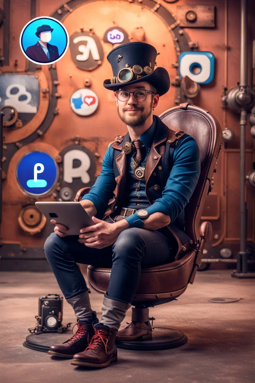 create Disny Pixar photo of a man sitting on a logo chair of a social media logo "instagramm". wearing Steampunk clothes. The background is mockup of hertiktok profile page with a profile name "InkThredArt" and a profile picture same as character. soft reflection on the ground