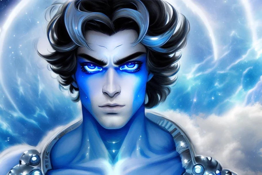 beauty cosmic warrior men with big blu eyes with white galattic clothes