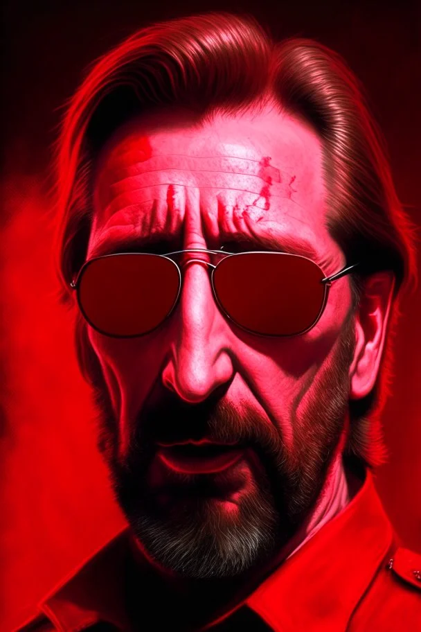 an evil, intimidating looking Hans Gruber wearing red-tinted glasses