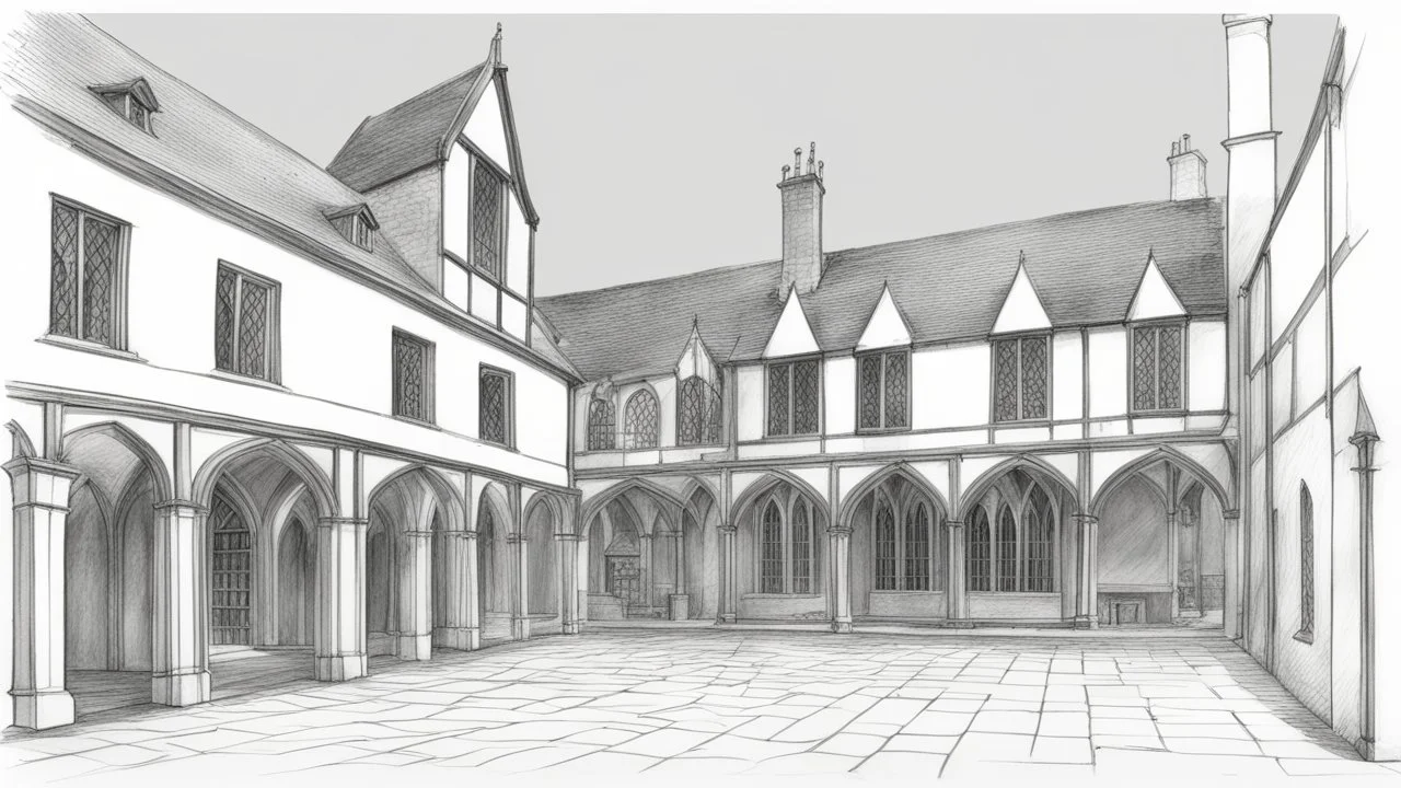 Pencil sketch of a paved courtyard with Tudor Gothic houses, tall chimneys, crooked roofs