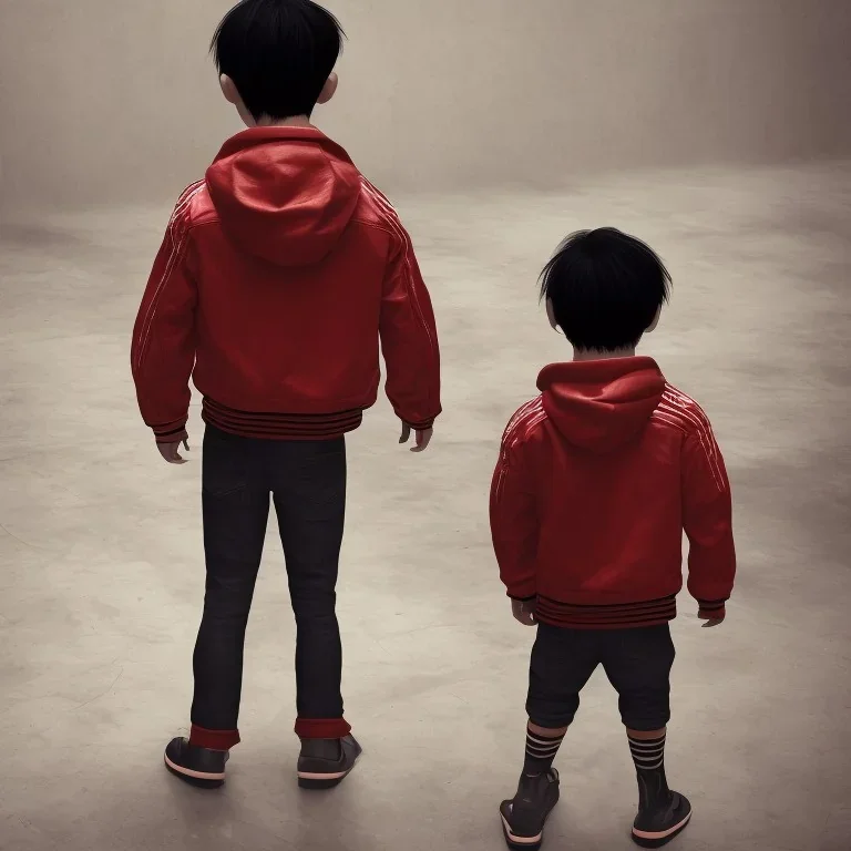 photo from behind, only Distant Japanese child boy, black hair, sitting on floor with back to back, red akira jacket, extremely detailed, extremely realistic