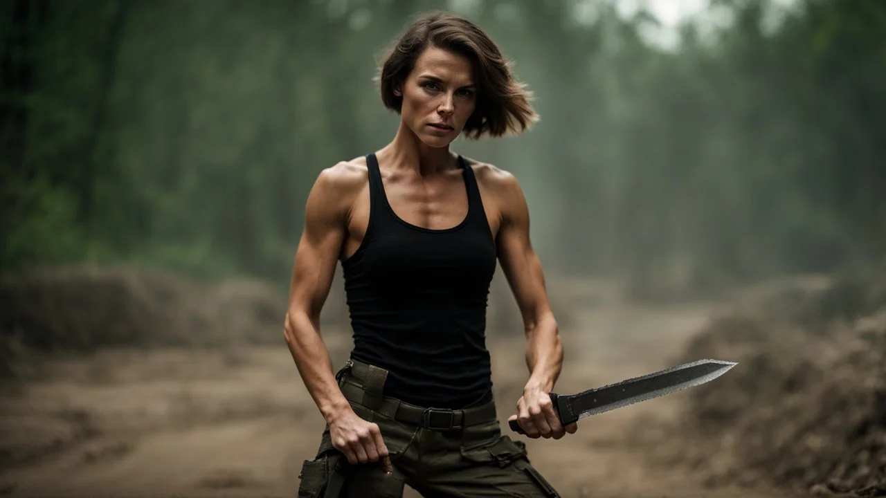 beautiful slender caucasian female technician with a knife, black tank top, well toned muscles, weathered face, scratched sand camo metal details, short brunette wavy bob haircut, dystopian, jungle scene with smoke and explosions