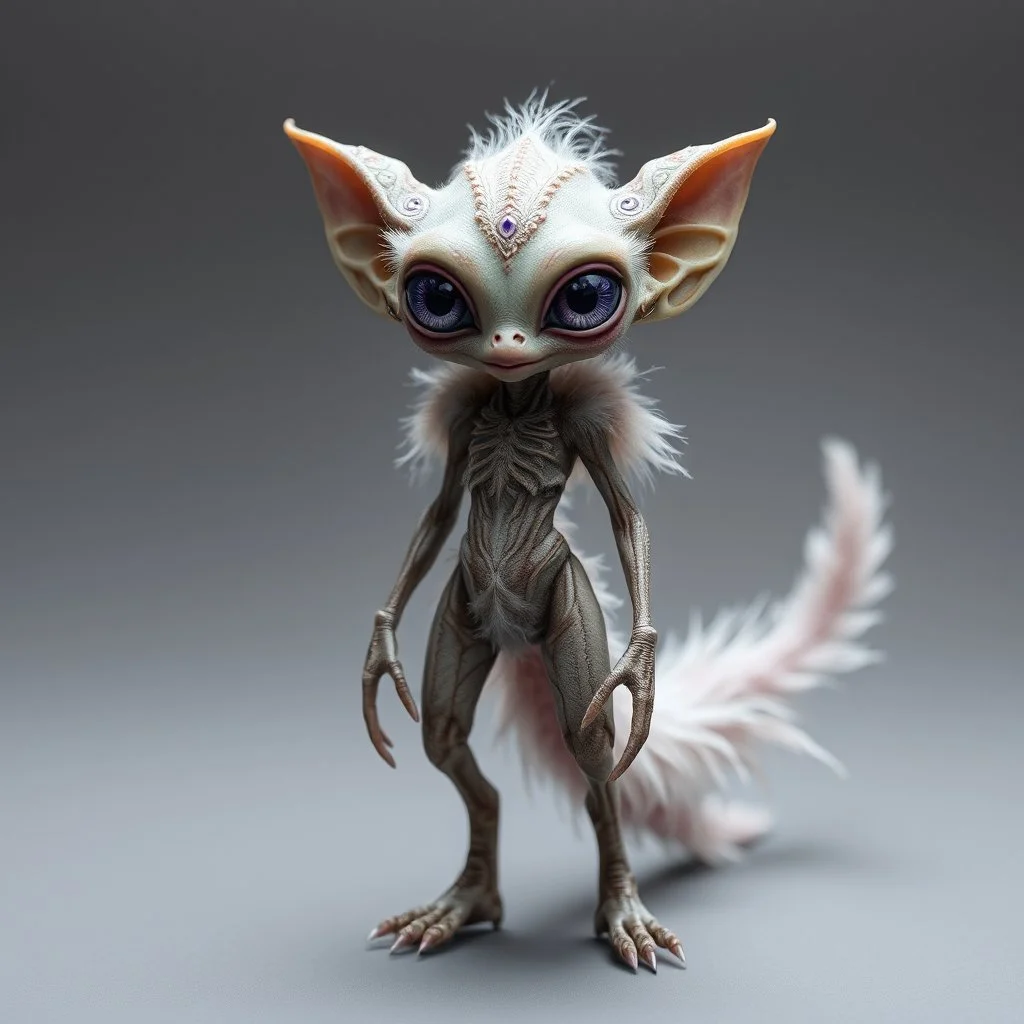 extraterrestrial being, female, two legs, two arms, large ears, feathery fur covered body, large lavender eyes, long feathery tail, alien, intricately designed, highly detailed, intricate details,