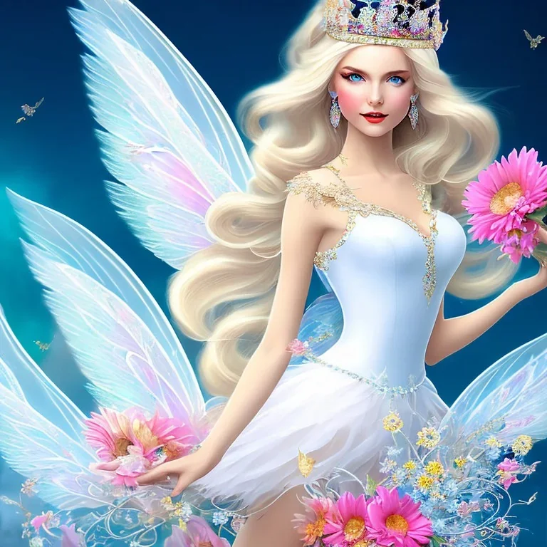 fantasy fairy with transparent wings, smiling, make up, long platinum blond hair with crown and flowers, blue eyes, pink dress