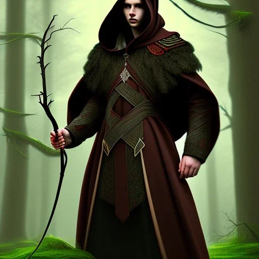 Male, Dark hair, Digital Art, Bow in hand, Hooded Cloak, Dark Forrest background