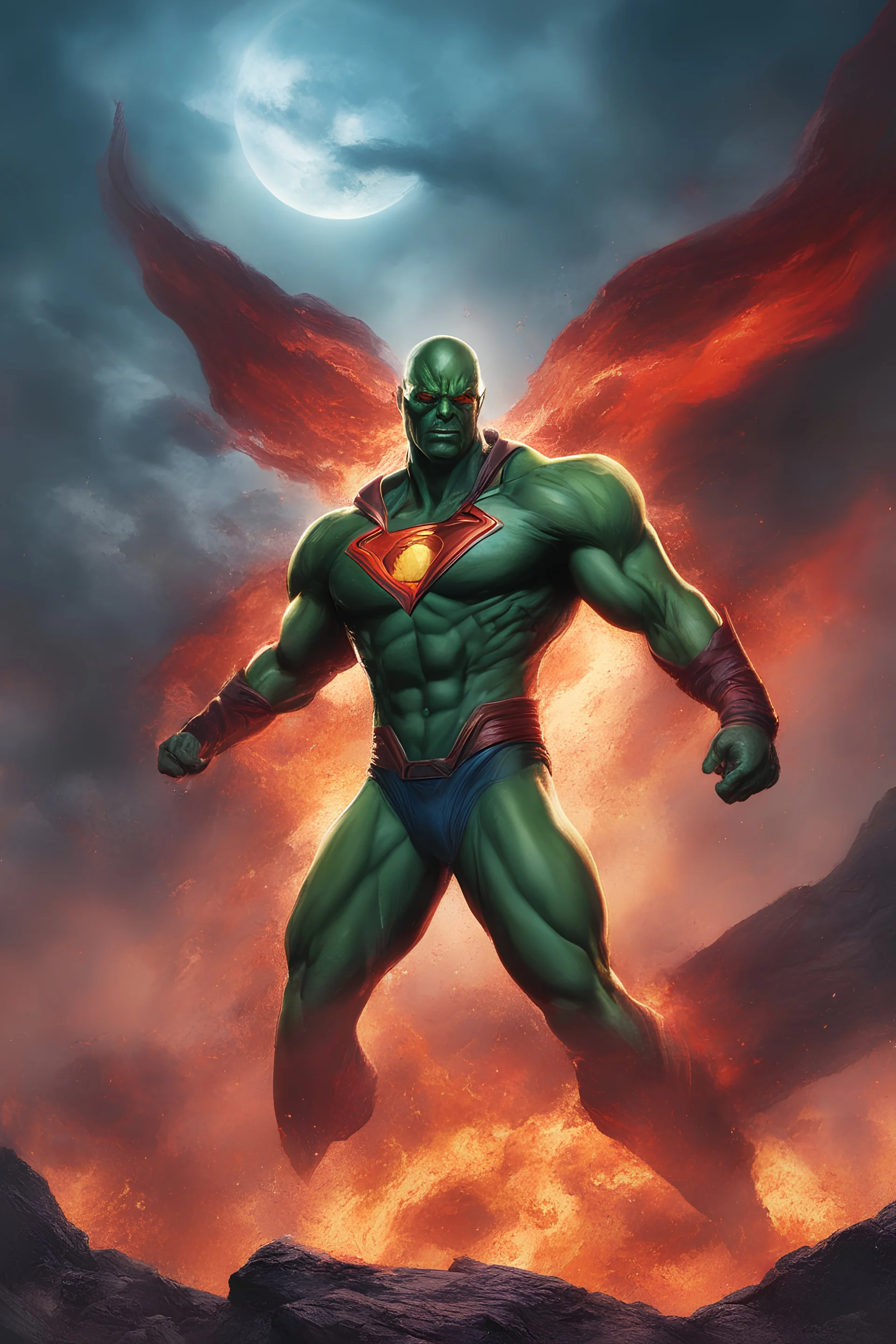 Martian Manhunter, Strong, athletic physique, action poses, battle scars, blood, foggy, cloudy background, multicolored lightning, flowing lava, Full Eclipse, aliens, explosions, bright, vibrant, extremely colorful, detailed, blood red skies