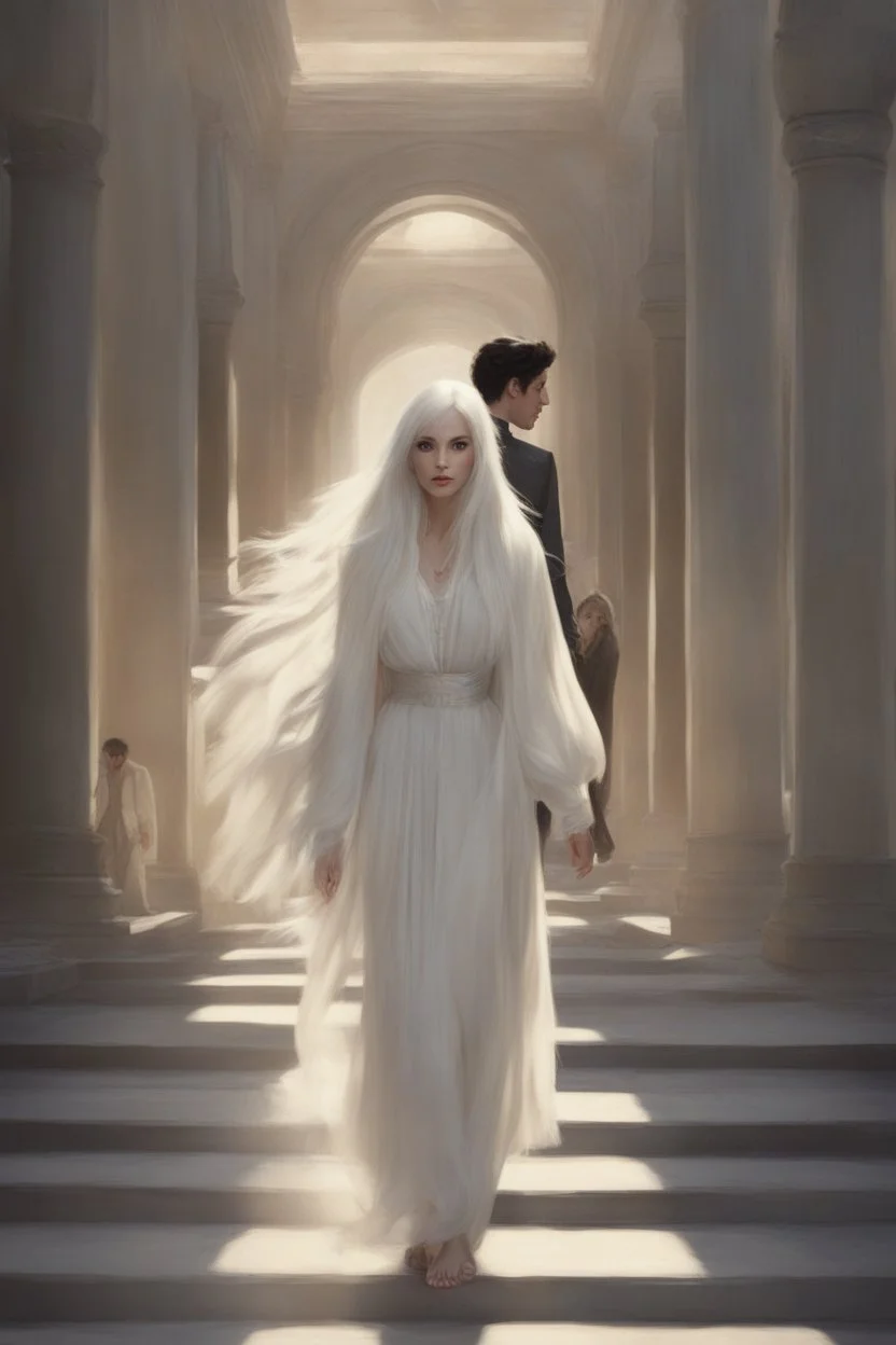 Woman with white hair wearing a white dress, walking down a sunlit stone hall, AND a handsome man in the background lurking in the shadows with long black hair