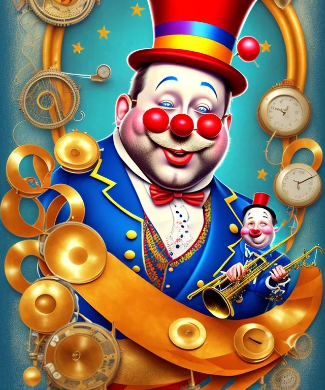 happy old friendly fat clown with round head and trimmed beard playing jazz with a steampunk theme, circus, realistic