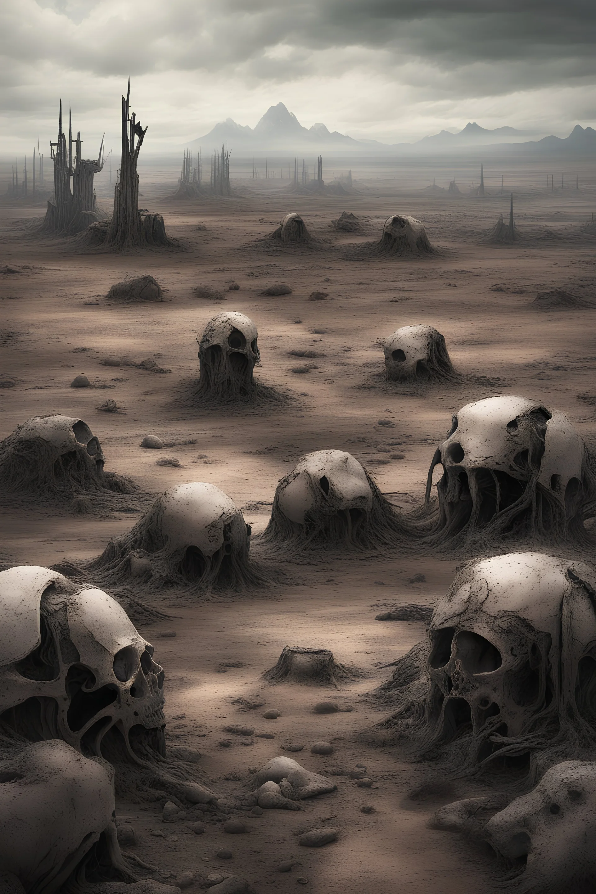 Mormon Suicide Cult dystopian Decrepit landscape, rotting land, war, decaying fields, misery, a dying world humanoids post apocalyptic violent